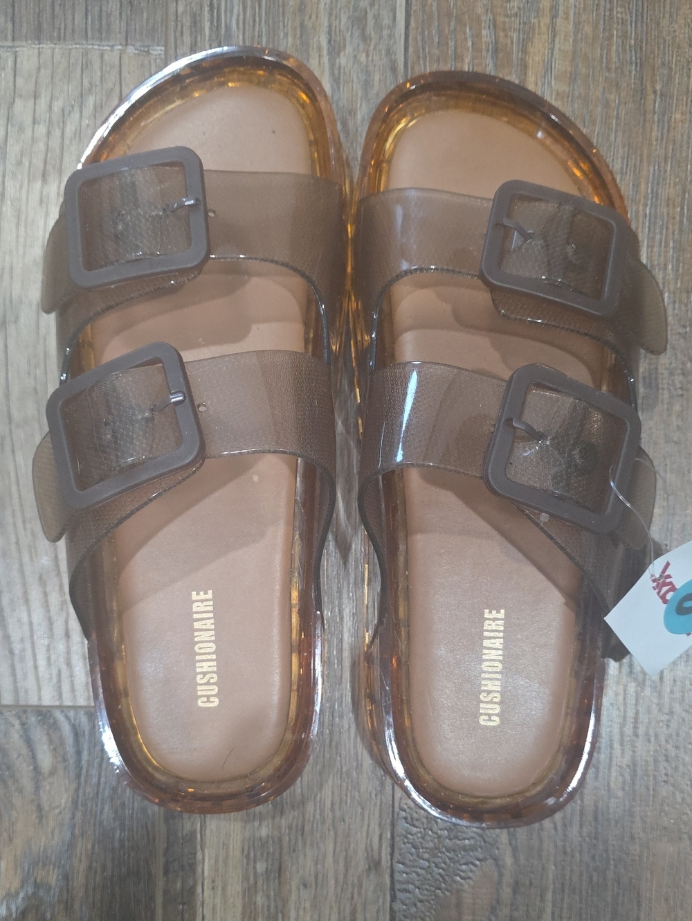 NWT CUSHIONAIRE Brown Clear Double-Buckle Jelly Slide Sandals